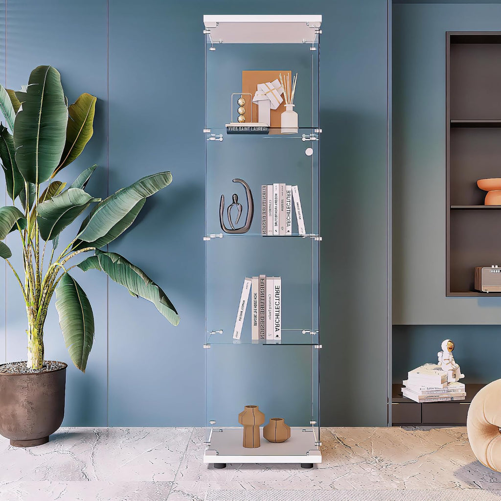 Beauty4U Glass Display Cabinet with 4 Shelves, Curio Cabinets for Living Room, Bedroom, Office, White Floor Standing Glass Bookshelf, Quick Installation
