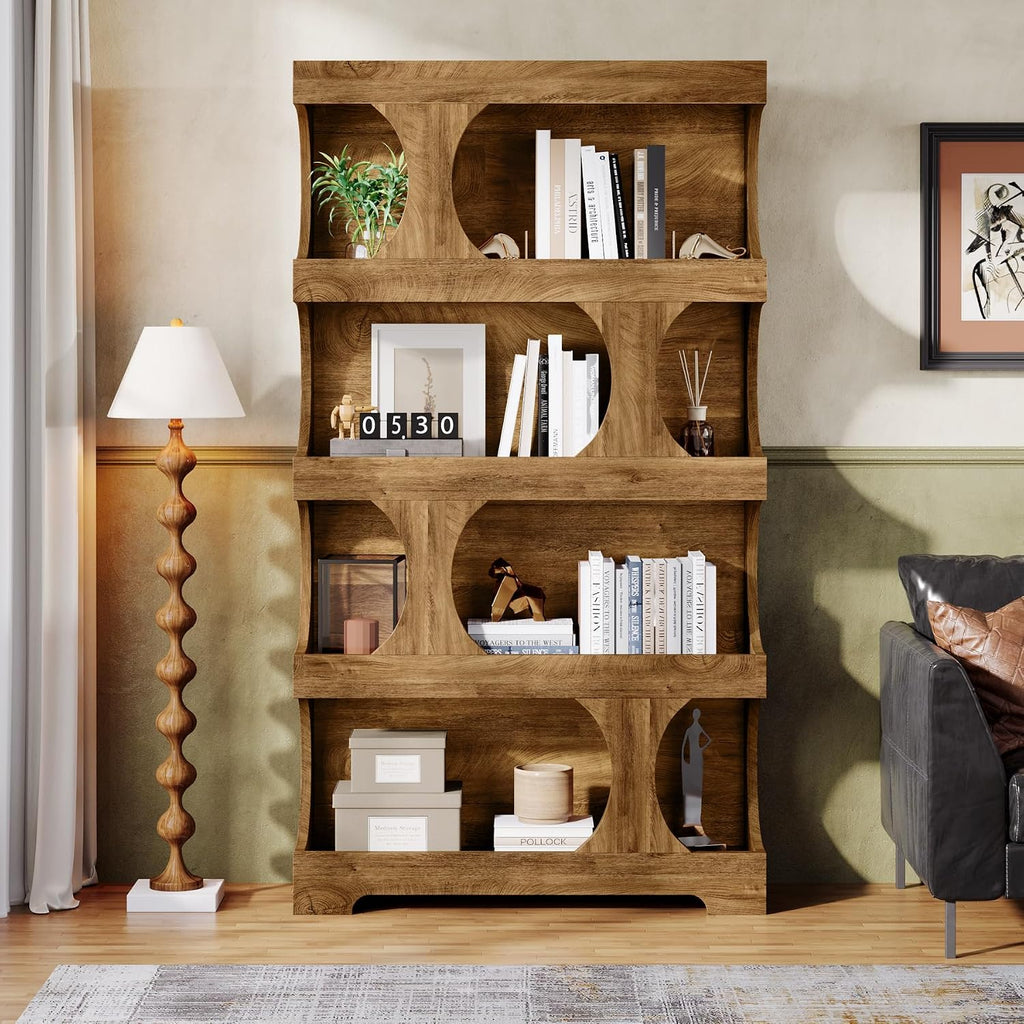 Tribesigns 71' Tall Bookcase, 4-Tier S-Shaped Bookshelf, Wood Decorative Storage Shelving, Modern Freestanding Display Shelves, Large Library Book Shelf Unit for Home Office Living Room Bedroom, Brown