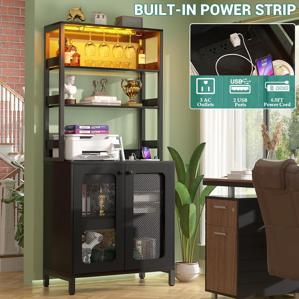 Aheaplus Bar Cabinet with Power Outlets, 67' Tall Wine Bar Cabinet Liquor Cabinets with LED Lights and Glass Holder, Coffee Bars Station for Living Room, Microwave Stand Bakers Rack Cabinets, Black