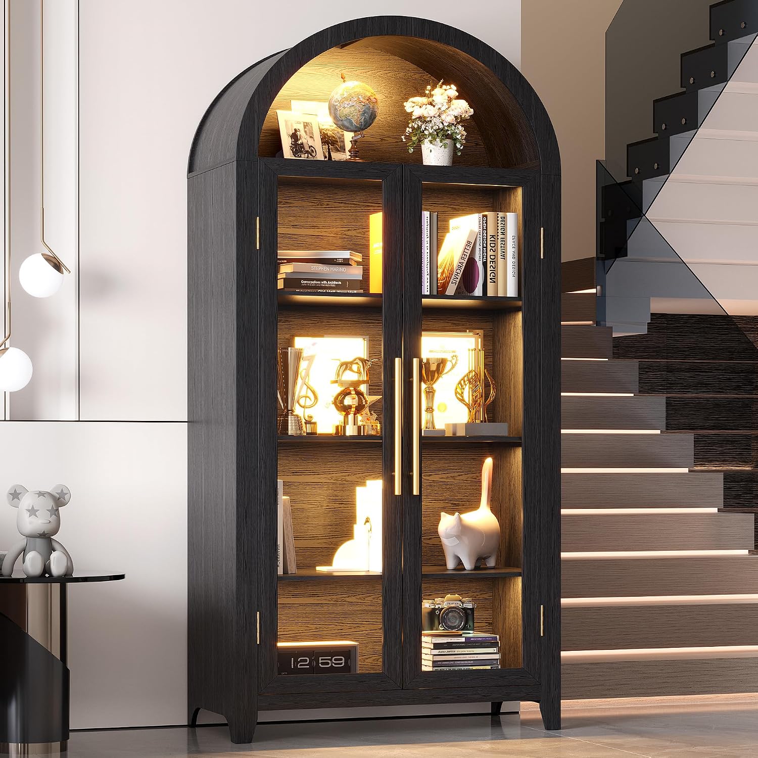 Vlsrka 71' Arched Kitchen Pantry Storage Cabinet with Glass Doors, 5-Tier Display Cabinets for Collectibles, Arched Tall Bookcase with LED Light & Human Sensor, Curio Cabinet with Adjustable Shelf