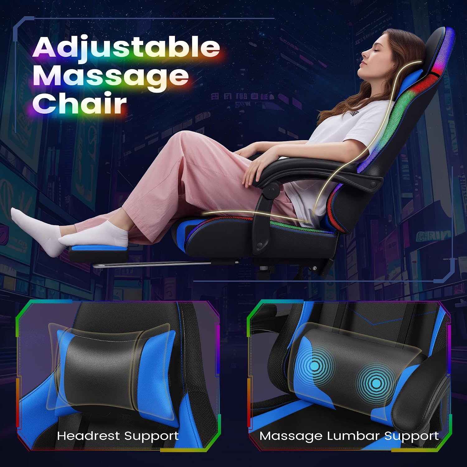 Homall Gaming Chair, Video Game Chair with Footrest and Massage Lumbar Support, Ergonomic Computer Chair Height Adjustable with Swivel Seat and Headrest (RGB Blue)