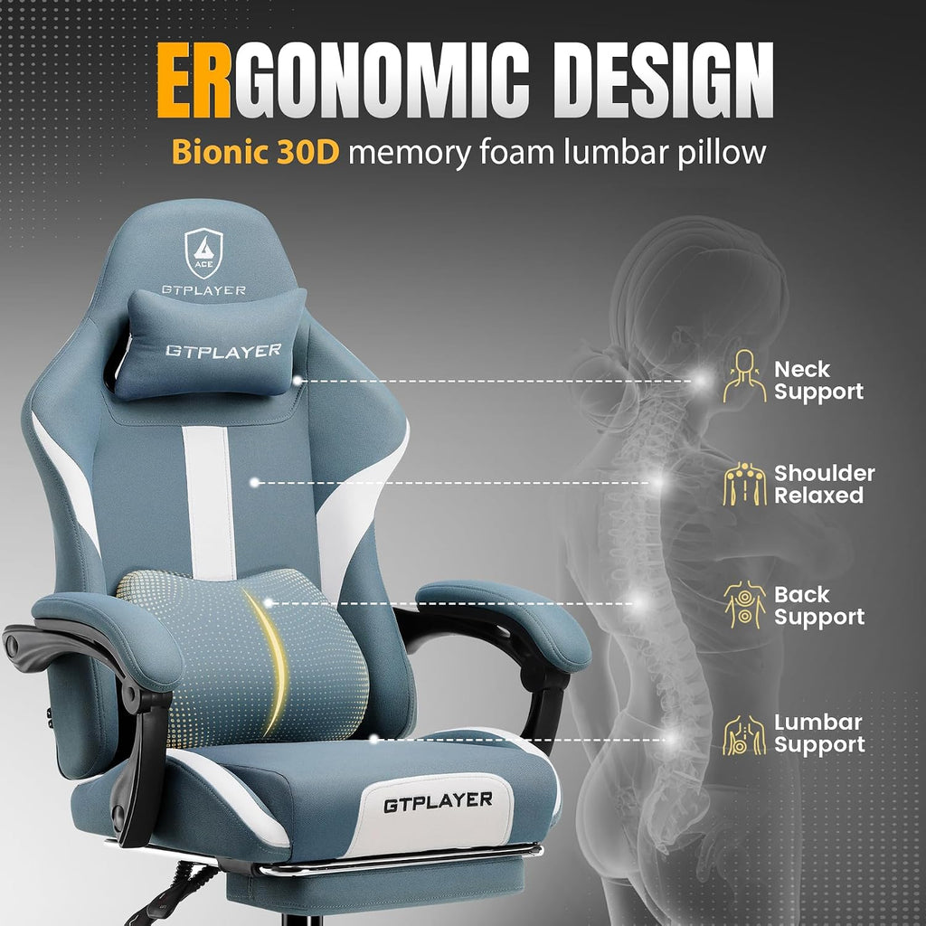 GTPLAYER Gaming Chair Ergonomic Office Chair with Foot Rest & Pocket Spring Cushion, High Back Computer Desk Chair with Headrest & Lumbar Support, Breathable Fabric Game Chair for Adults, Blue