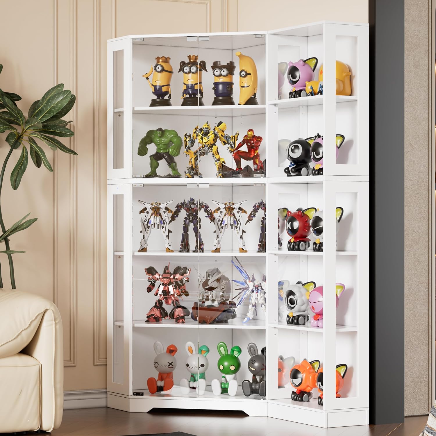 PAKASEPT Corner Display Curio Cabinet with Glass Doors, Glass Display Case with LED Lights for Collectibles,Display Storage Shelves for Living Room,White