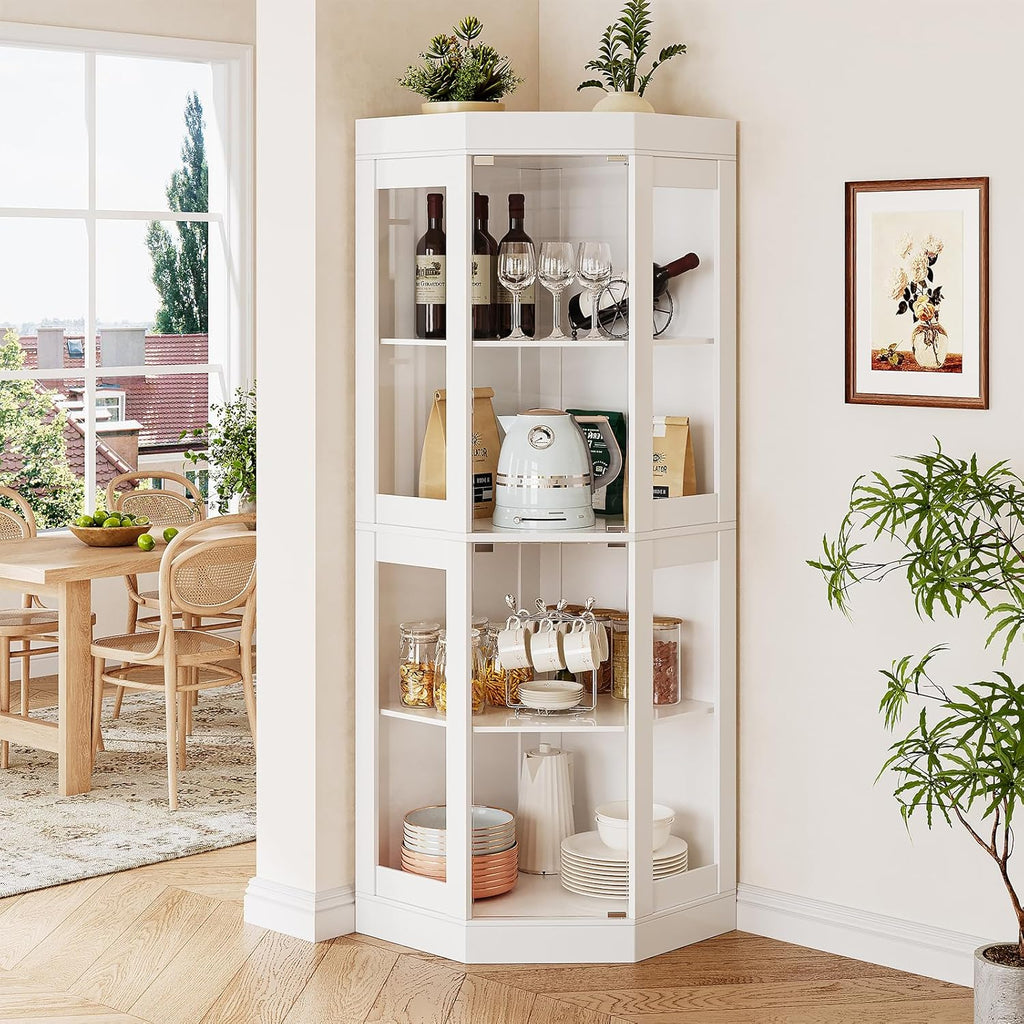 70''H Tall Corner Cabinet with Glass Doors,Farmhouse Storage Cabinet with 4 Shelves & Top Guard Rail,Home Pantry Hutch for Bar,Kitchen, Dining Living Room, Bathroom, White