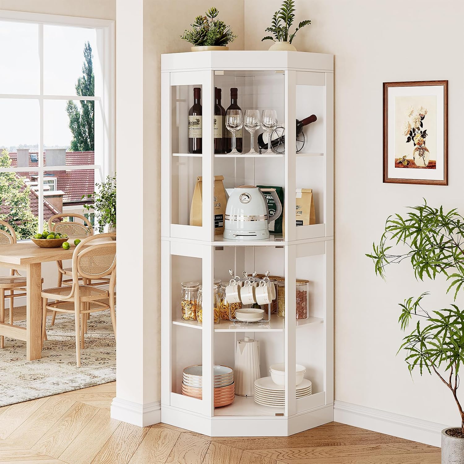 70''H Tall Corner Cabinet with Glass Doors,Farmhouse Storage Cabinet with 4 Shelves & Top Guard Rail,Home Pantry Hutch for Bar,Kitchen, Dining Living Room, Bathroom, White