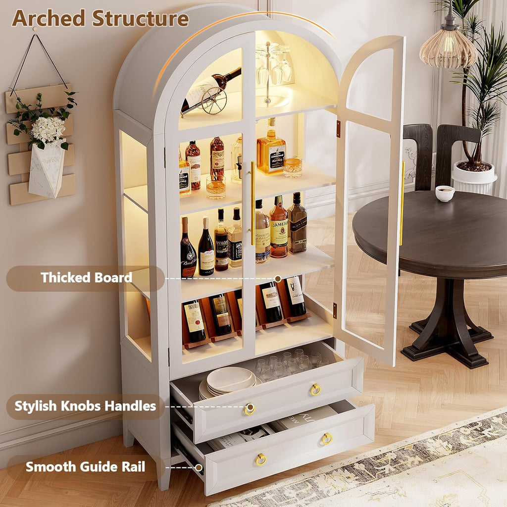 LVSOMT 71' Tall Arched Storage Cabinet with Glass Doors and Drawers, Curio Display Cabinet with Adjustable LED Light & Human Sensor, 4-Tier China Cabinet for Living Room(White)