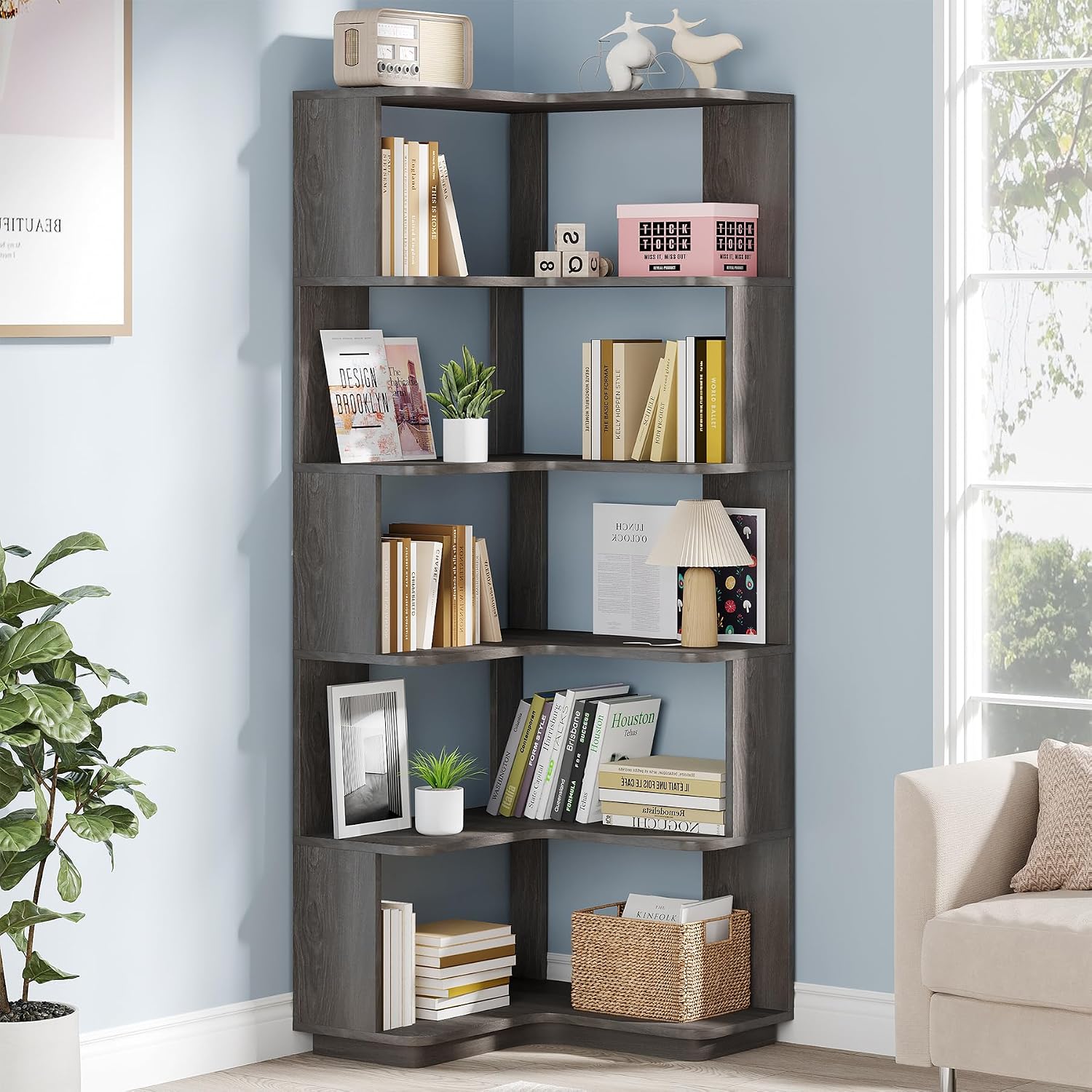 Tribesigns 6-Tier Corner Bookshelf, 64.9 Inches Tall Corner Bookcase with Anti-Drop Panel, Modern Freestanding Shelf Display Rack Storage Organizer for Home Office, Living Room, Grey