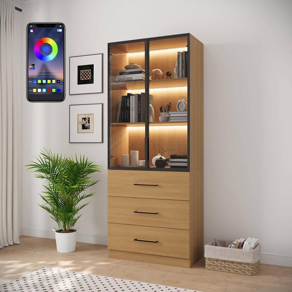 Bobve 78.7' Oak Display Cabinet with 3 Drawers, 3-Tier Storage Cabinet with APP Control LED Lights, Tall Bookcasse Storage Cabinet, LED Display Case for Collectible, Living Room, Office, Kitchen
