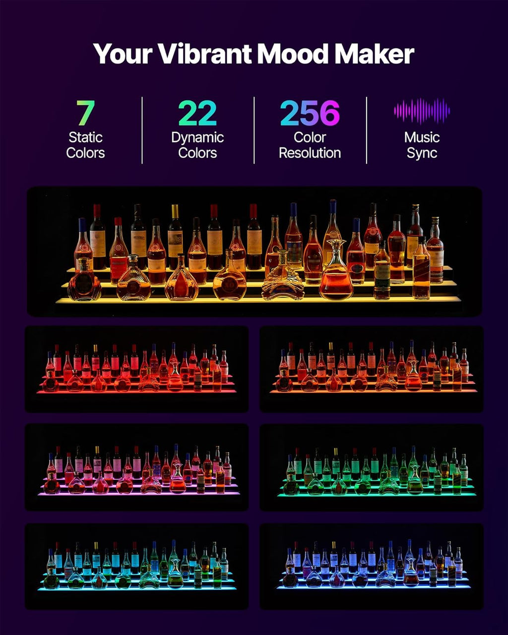 VEVOR LED Lighted Liquor Bottle Display, 3 Tier 70 Inch, Illuminated Home Bar Shelf with RF Remote & App Control, 7 Static Colors, Acrylic Lighted Whiskey Shelf for 52 Bottles, Powered by Adapter Only