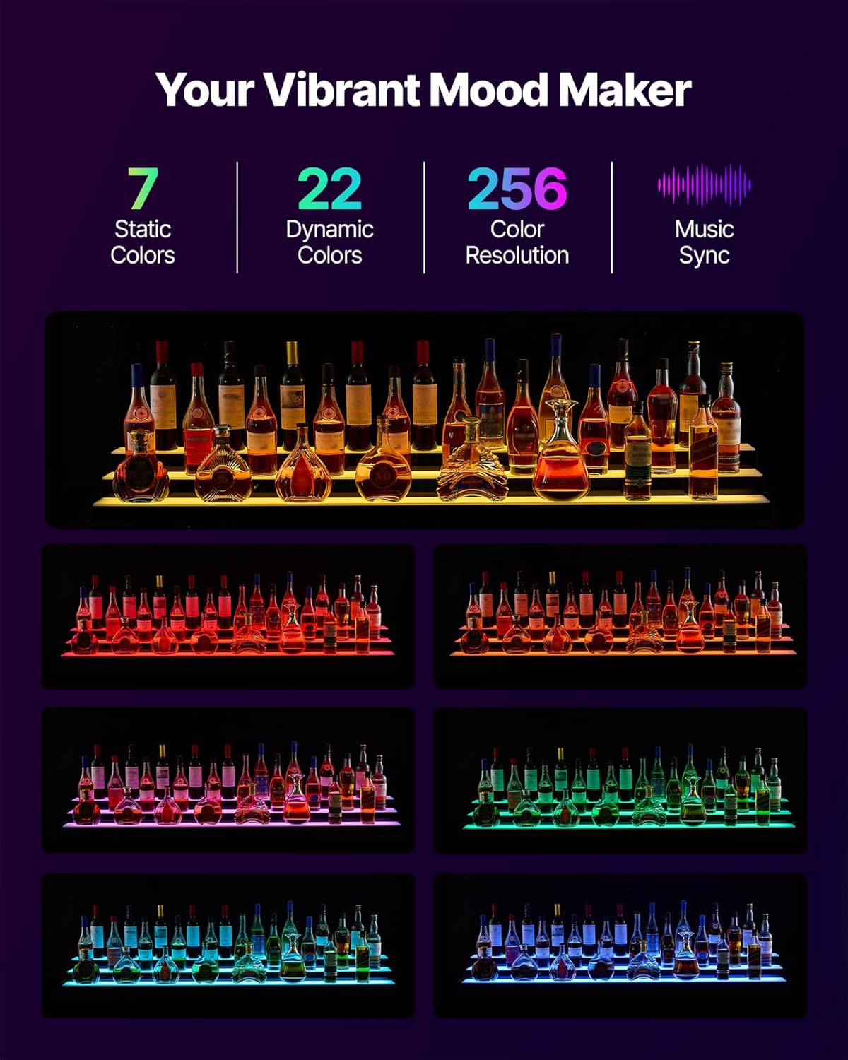 VEVOR LED Lighted Liquor Bottle Display, 3 Tier 70 Inch, Illuminated Home Bar Shelf with RF Remote & App Control, 7 Static Colors, Acrylic Lighted Whiskey Shelf for 52 Bottles, Powered by Adapter Only
