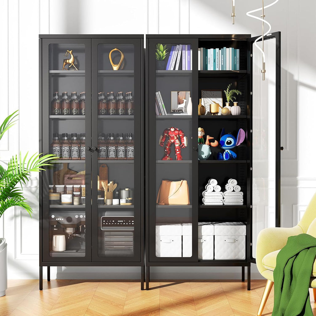 Crownland Metal Storage Cabinet with Glass Doors, Display Curio Glass Cabinet with 4 Adjustable Shelves, Tall Modern Office Storage Cabinets for Home Office, Living Room, Pantry(Black)