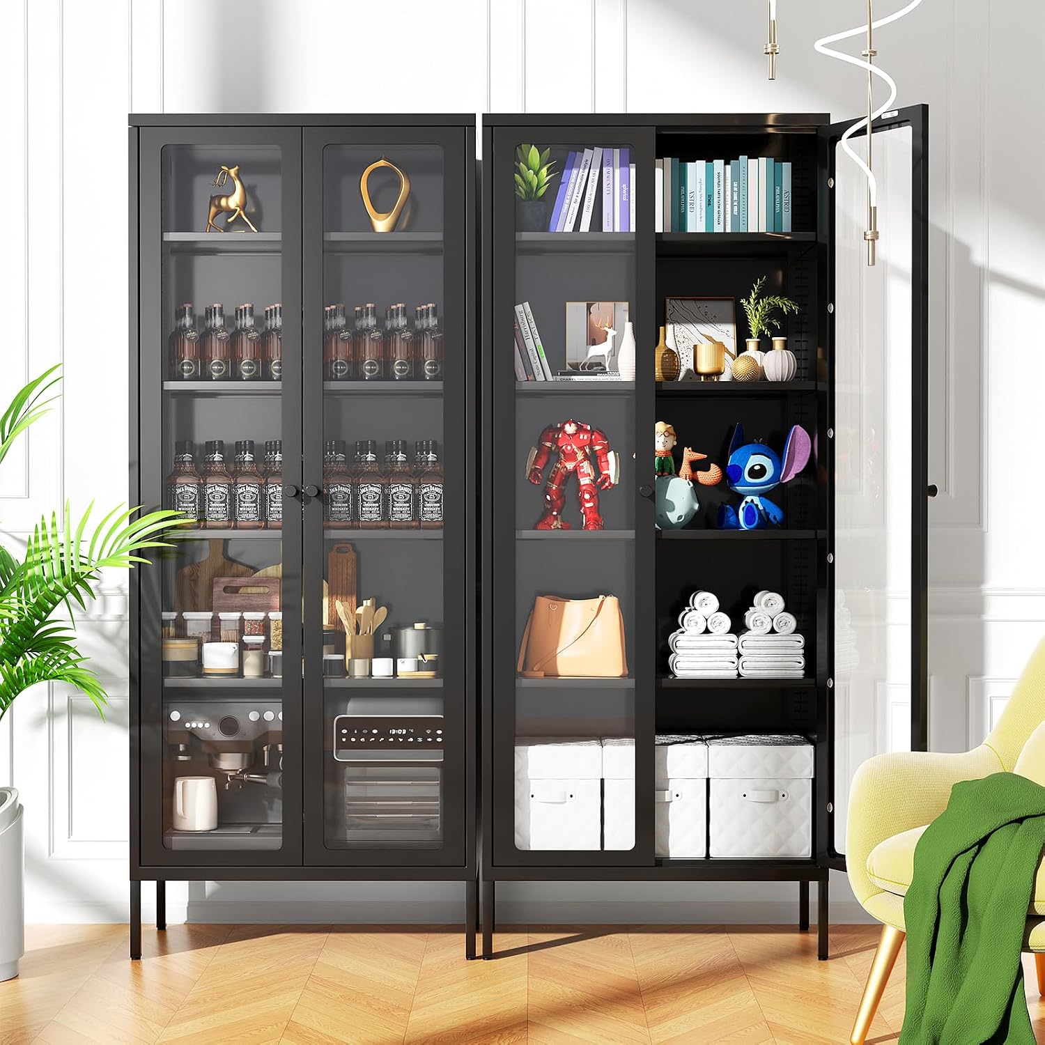 Crownland Metal Storage Cabinet with Glass Doors, Display Curio Glass Cabinet with 4 Adjustable Shelves, Tall Modern Office Storage Cabinets for Home Office, Living Room, Pantry(Black)