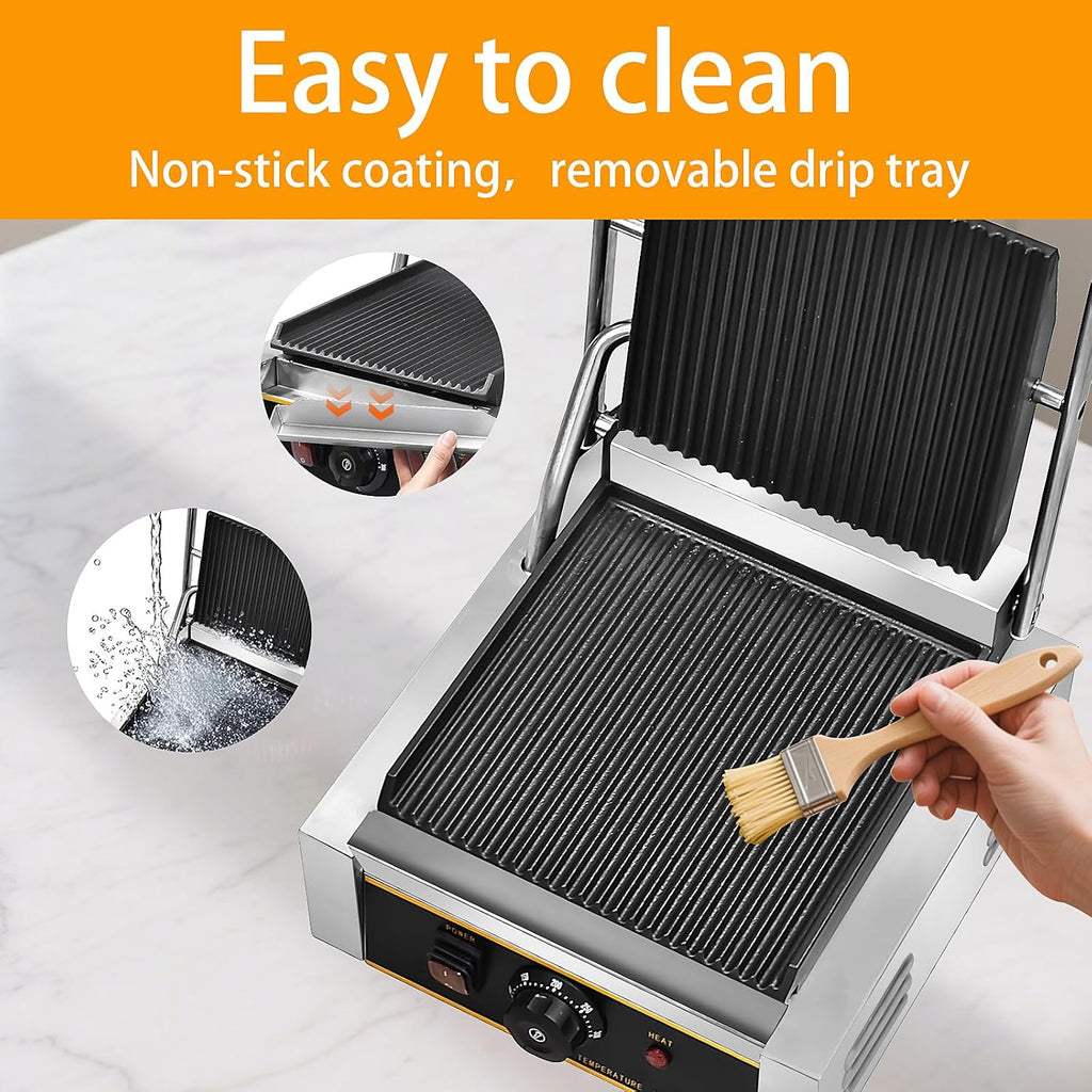 Commercial Panini Press - 1800W Commercial Electric Panini Sandwich Grill w/Nonstick Coating & Adjustable Temp, Panini Grill Press w/ 9' x 9' Cooking Pan, Double-sided Heating