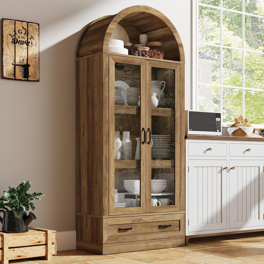 75' Tall Arched Kitchen Pantry Cabinet w Load-Bearing Steel Pipe,Modern Farmhouse Kitchens Storage Cabinet with Drawer and Glass Doors,Tall Arched Bookcase,Pantry Organizer for Living Room(Natural)