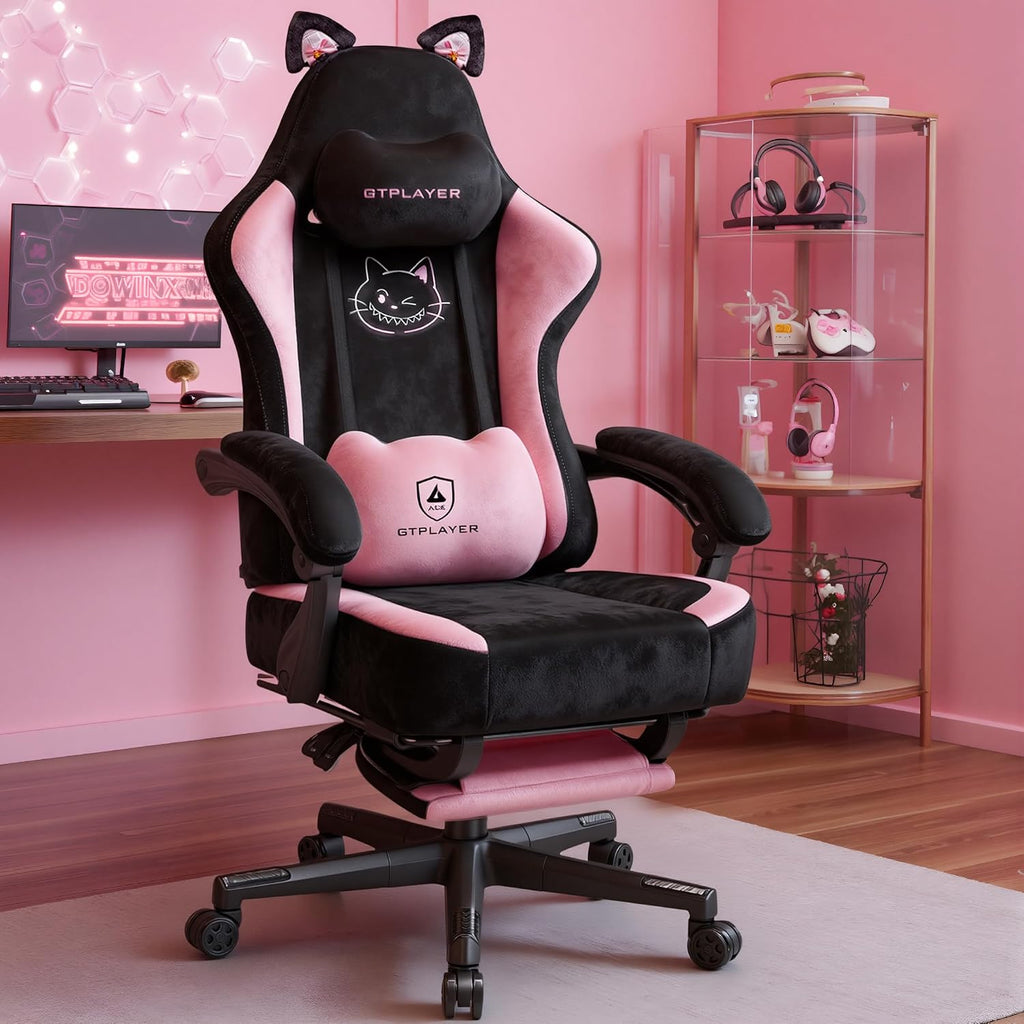 GTPLAYER Pink Gaming Chair Cute with Cat Ears Ergonomic Computer Chair with Cat Embroidery Adjustable Memory Foam Lumbar Support and Headrest Comfortable Reclining Office Chair Soft Velvet Fabric
