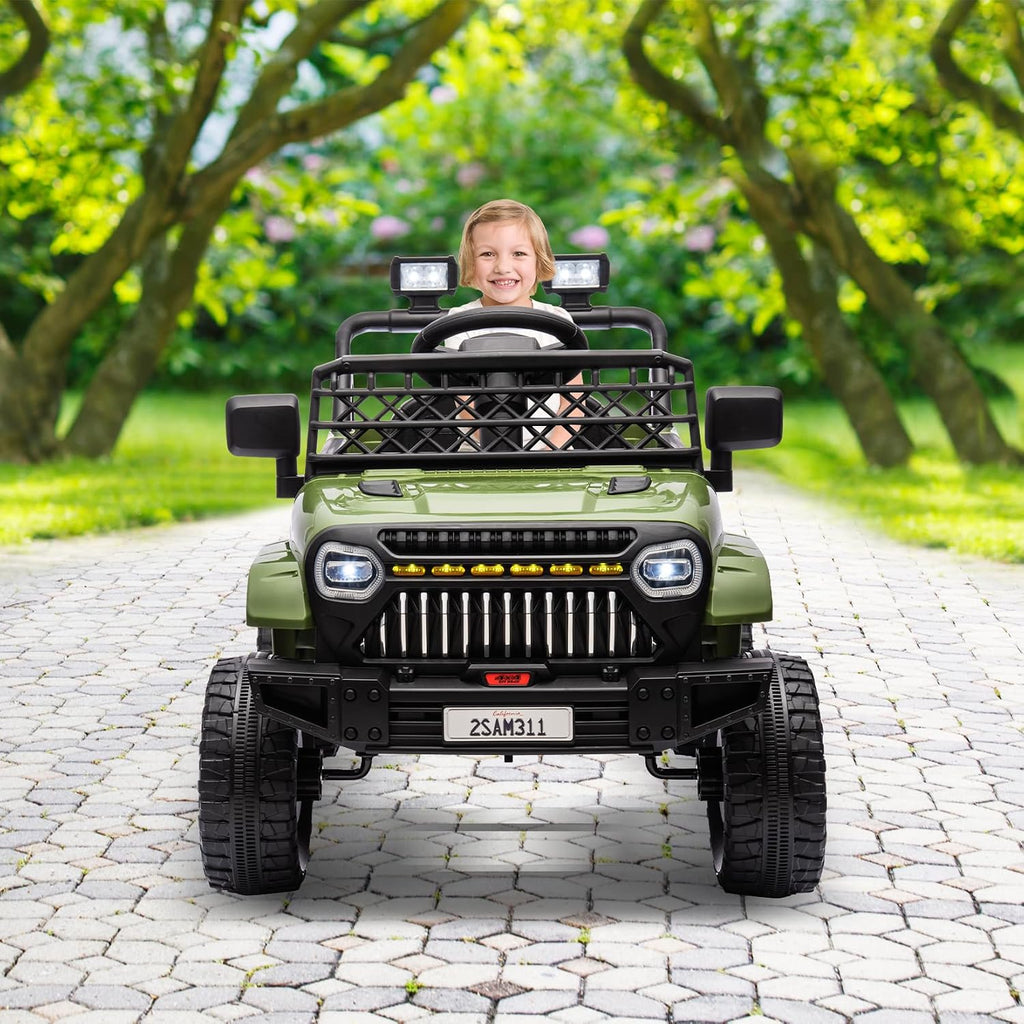12V Ride On Car for Kids Electric Vehicle Toddlers Battery Powered Truck Car Toy with Remote Control, 4-Wheel Suspension, Battery Display, LED Lights, Music, for Boys Girls, Army Green