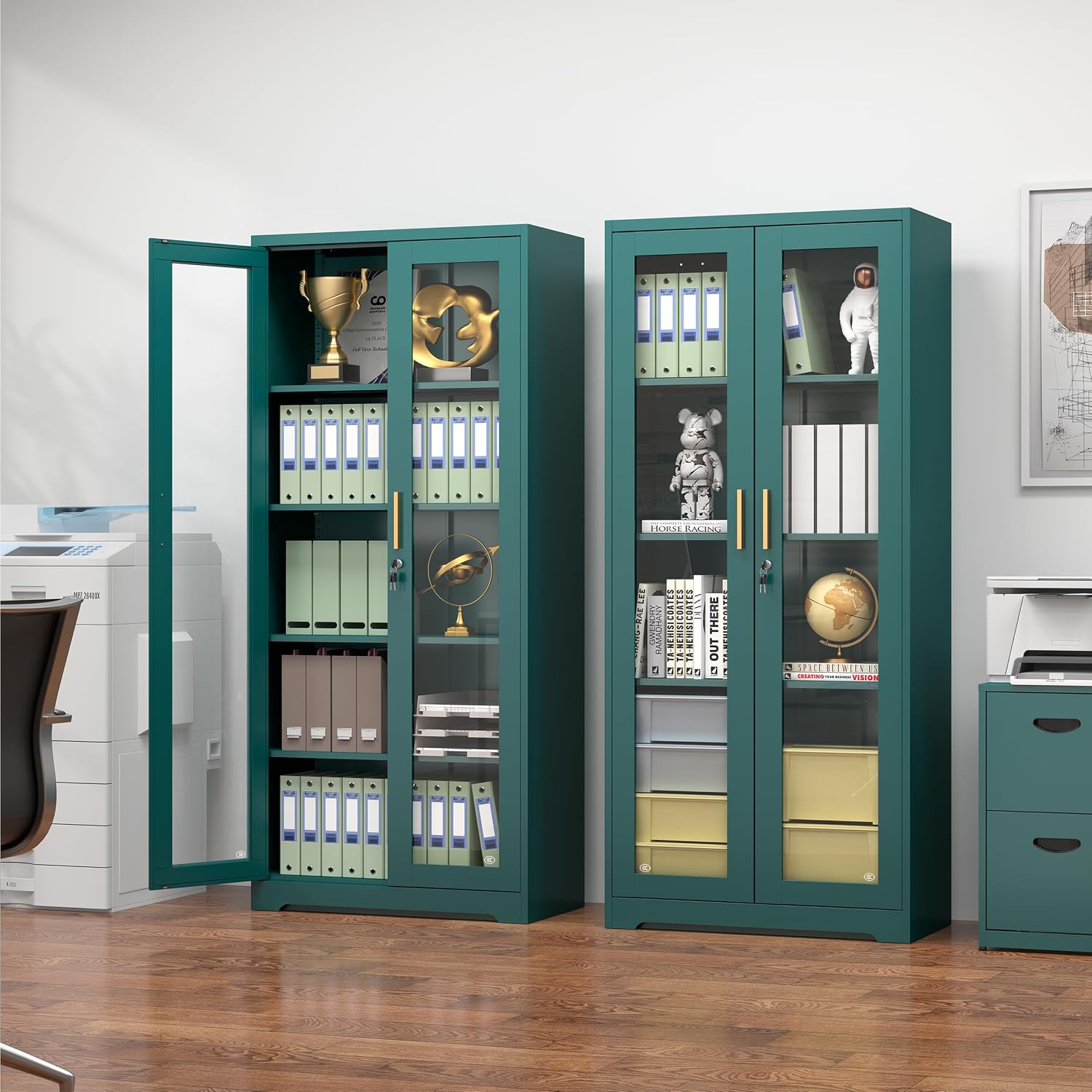 Polup Curio Cabinets with Glass Doors, 71' Glass Display Cabinet with Lock, Tall Bookcase with Adjustable Shelves, Locking China Cabinet for Living Room, School, Commercial, Office, Plant, Green