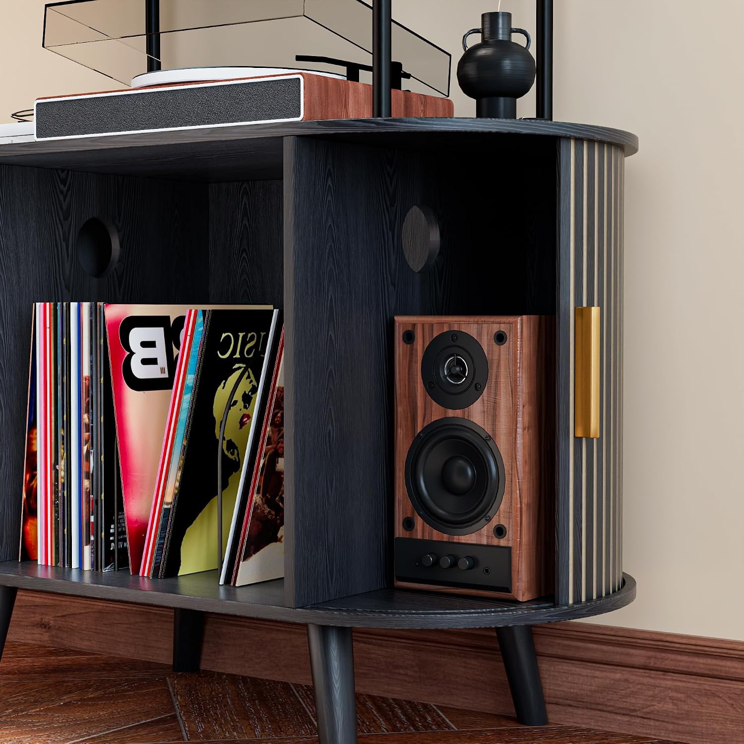 Tall Vinyl Record Player Stand, Black Small Record Storage Cabinet, 4 Tier Arched Bookshelf with Sliding Doors, Fluted Media Display Shelf, Mid Century Modern Turntable Stand for Living Room, Retro