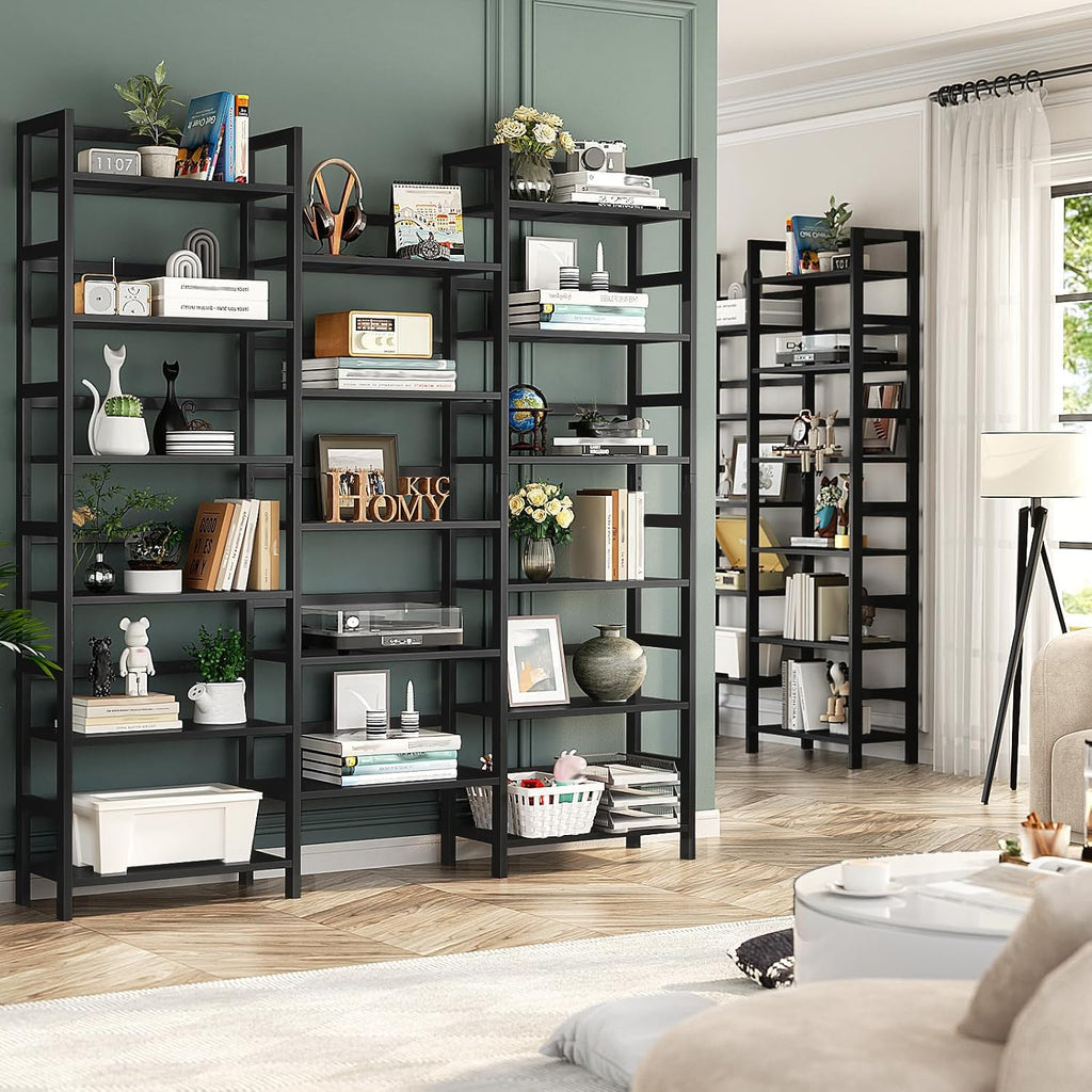 Homykic Bamboo Bookshelf, 71' Tall Triple Wide Bookcase with 17 Open Storage Shelves, 6-Tier Etagere with Back Rails, Large Display Shelf for Books, Plants, Home Office, Max Load 748LBS, Black