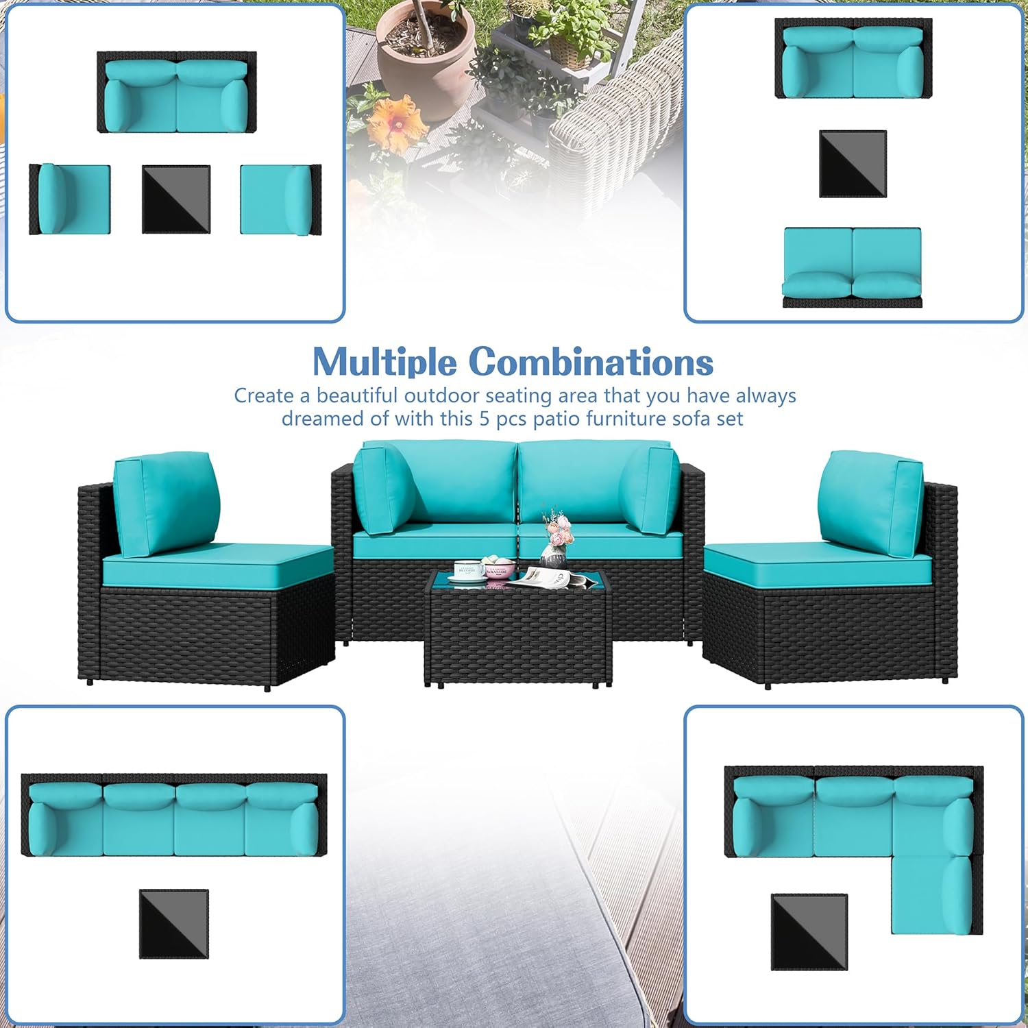Shintenchi 5 Pieces Outdoor Patio Sectional Sofa Couch, Black PE Wicker Furniture Sets, Patio Conversation Sets with Washable Cushions Glass Coffee Table for Garden, Poolside, Backyard,Blue