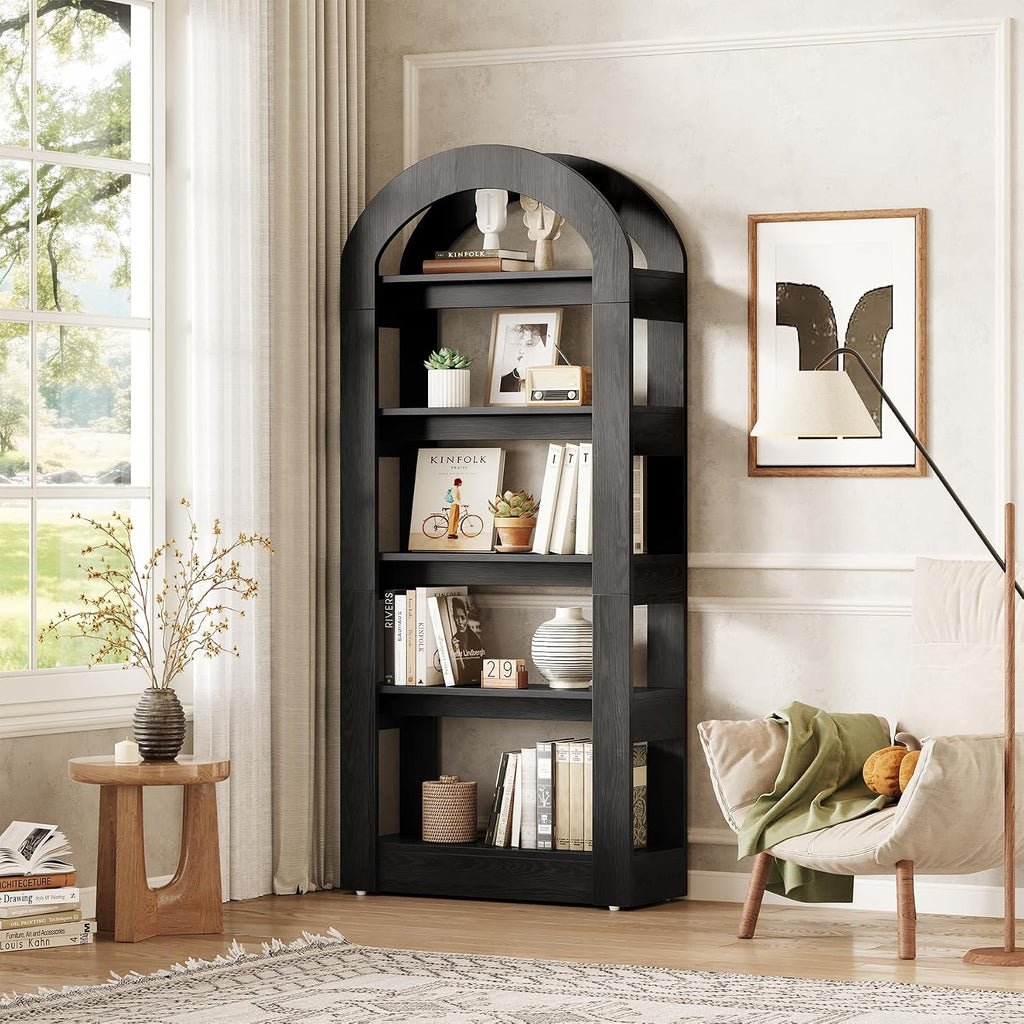 LITTLE TREE 5-Tier Bookshelf, Arch-Shaped Racks, Tall Standing Wooden Bookcase Display Shelf Modern Storage Solution (1, Black)