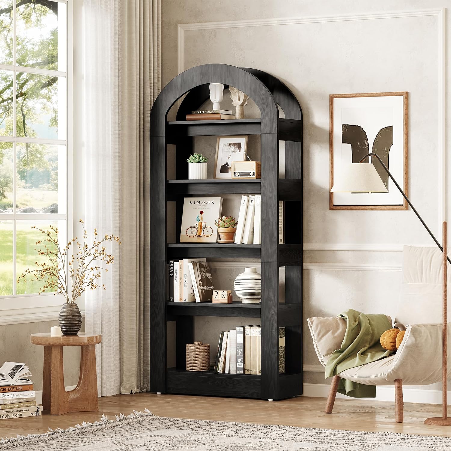 LITTLE TREE 5-Tier Bookshelf, Arch-Shaped Racks, Tall Standing Wooden Bookcase Display Shelf Modern Storage Solution (2, Black)