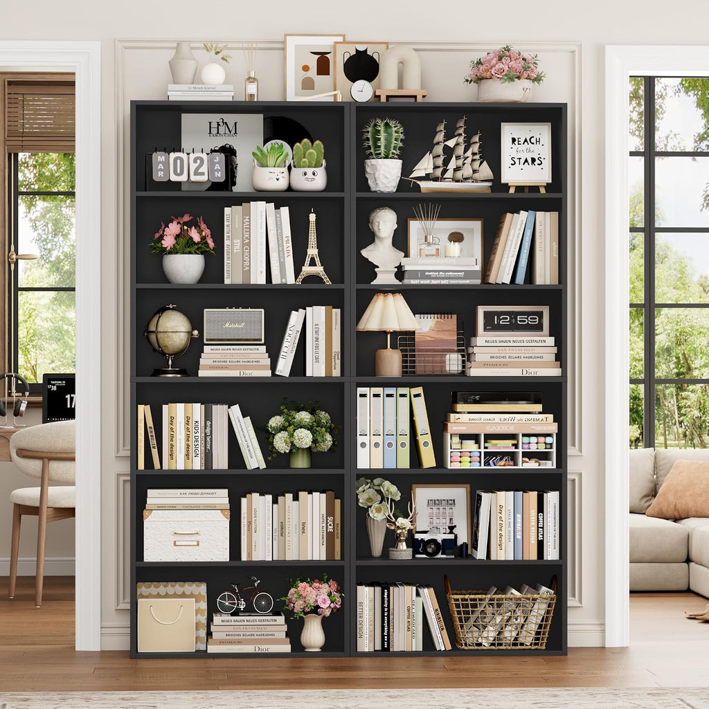 FOTOSOK 6-Tier Open Bookcase and Bookshelf Set of 2, Freestanding Display Storage Shelves Tall Bookcase for Bedroom, Living Room and Office, Black
