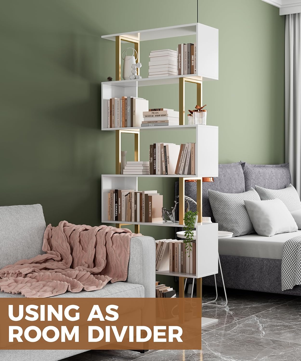 Gadroad 6-Tier Geometric Bookcase,S Shaped Bookshelf, Wood Decorative Storage Shelving, Modern Freestanding Display Shelves, Tall Book Shelf Unit for Living Room Bedroom