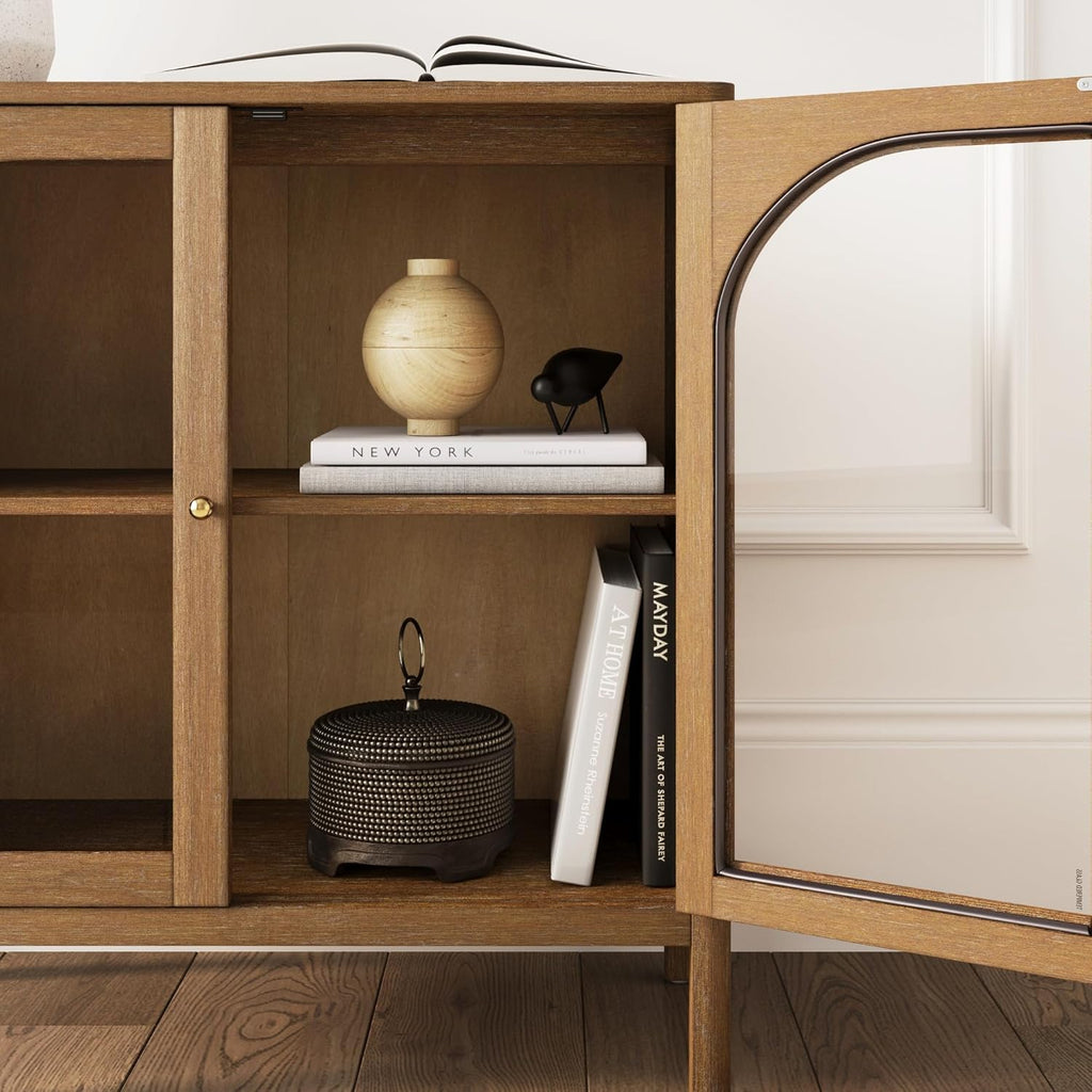 Nathan James Mason Storage Cabinet, Free Standing Accent Sideboard Buffet, Credenza with Glass Doors and Adjustable Shelf in Brushed Light Brown Wood for Dining Room, Entryway and Living Room