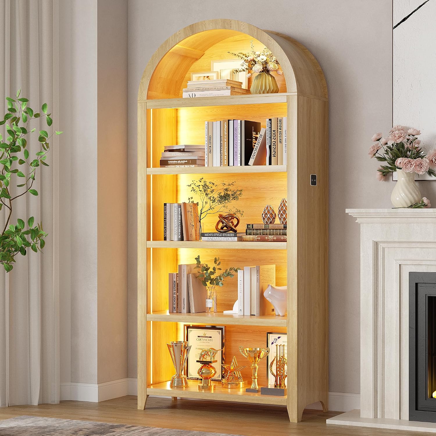 Arched Bookcase - 5 Layers Bookshelf with 3 Colors LED Sensor Lights and Thickened Wooden Design Display Shelf for Lego Books Bathroom Living Room - Ideal Gift (Wood)