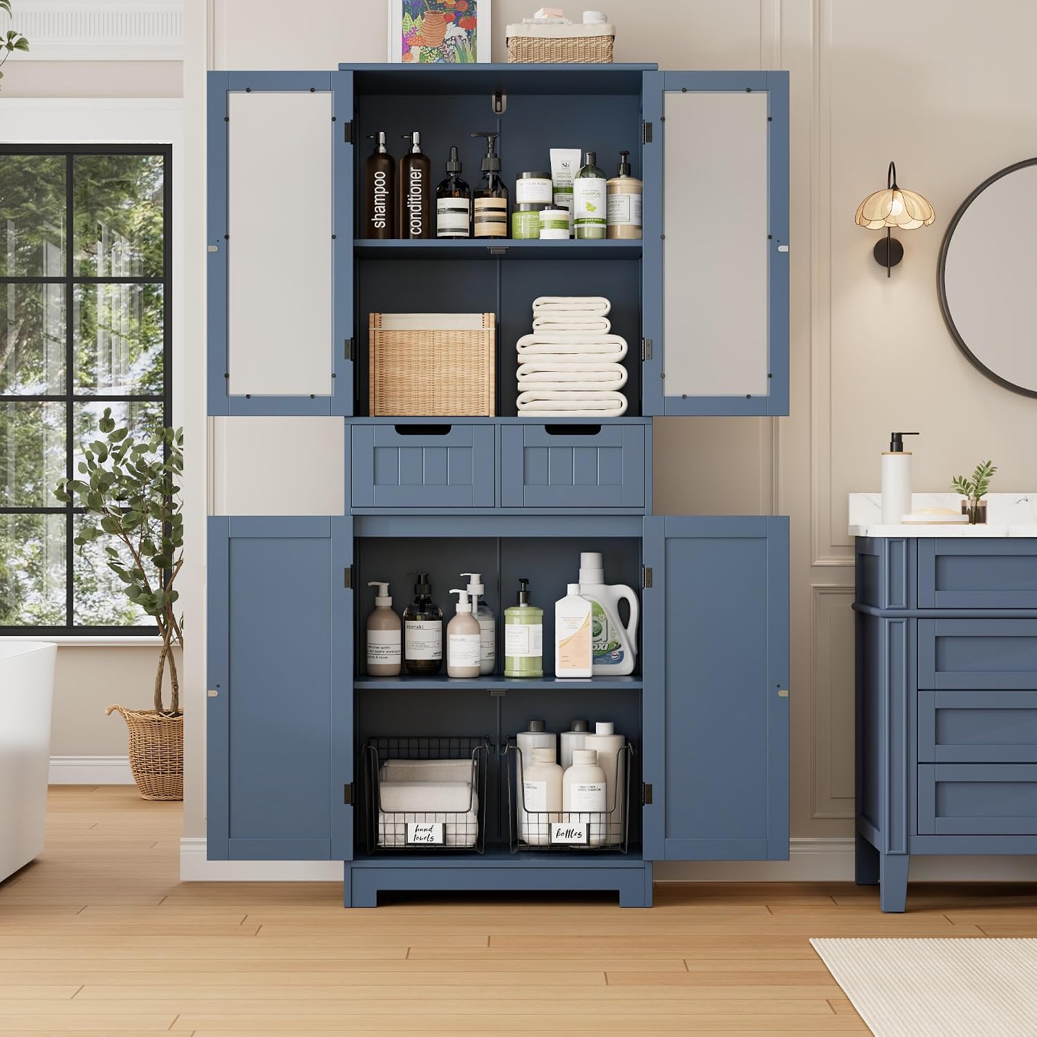 HORSTORS 67' Tall Bathroom Storage Cabinet, Freestanding Storage Cabinet with Glass Door and Shelves, Kitchen Pantry with 2 Drawers for Bathroom, Living Room, Dining Room, Blue