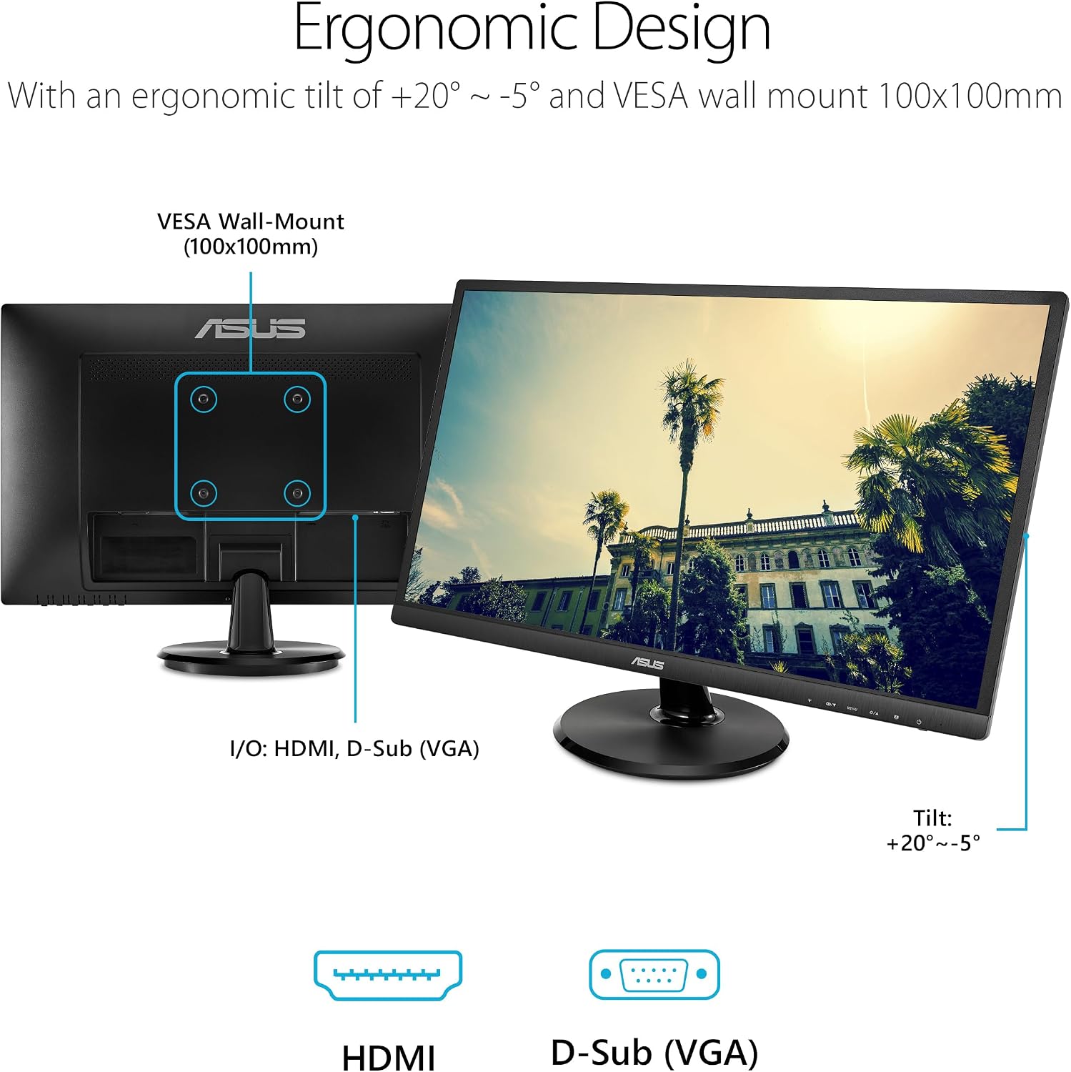 ASUS 23.8' Full HD Computer Monitor, 1080p, HDMI, VGA, Eye Care, 178° Wide Viewing Angle - VA249HE, Black