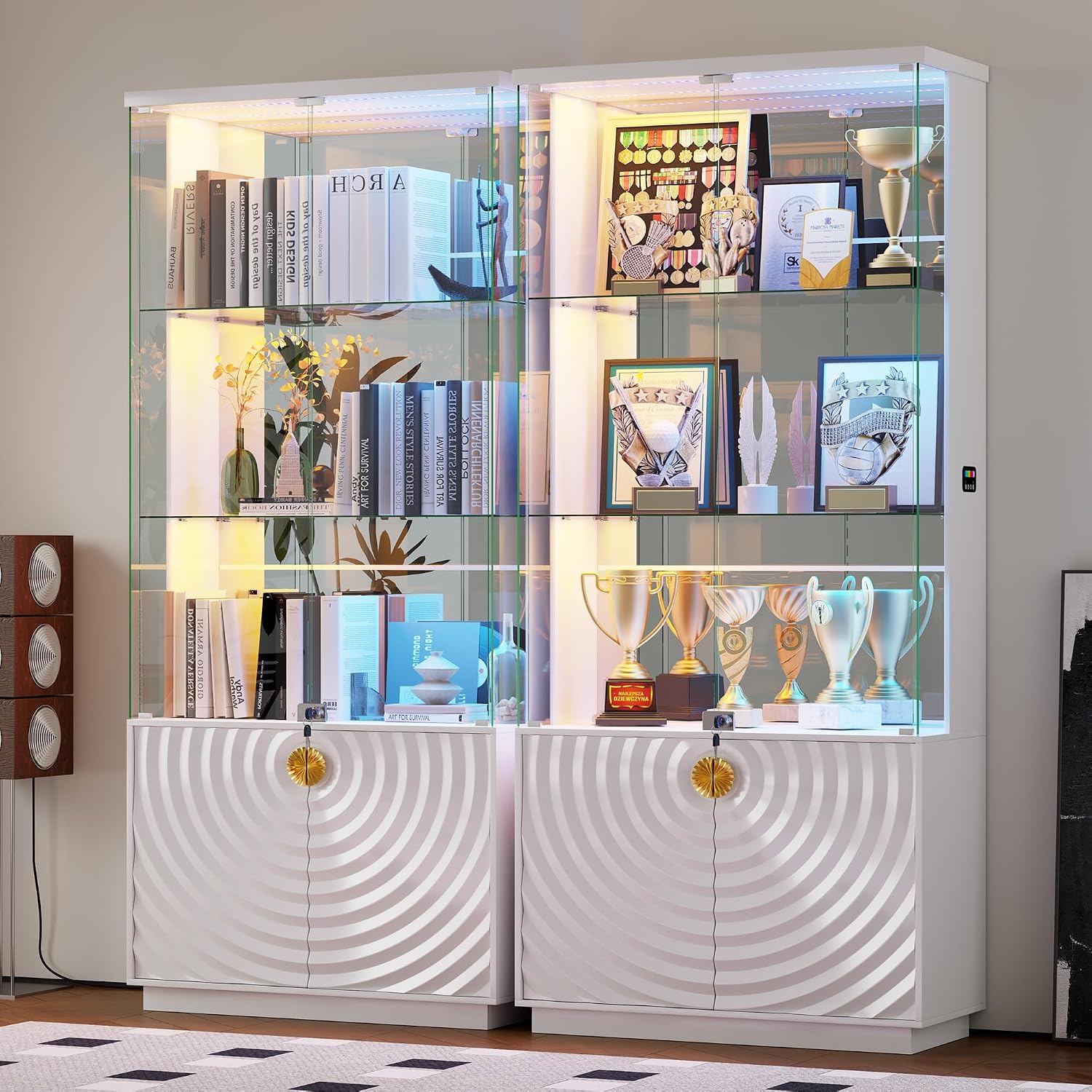 HNEBC Display Cabinet with Glass Doors - 71' High Gloss Curio Cabinet with Adjustable Glass Shelf, Lockable Display Cases with RBG Lights and Human Body Sensor for Collectibles, White
