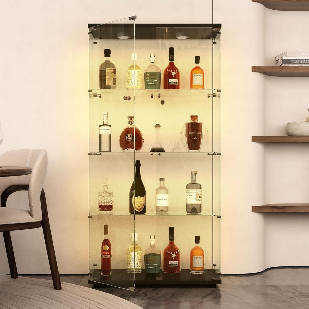 4-Tier Double Doors Glass Display Cabinet with Lights and Lock, 64.7' High Modern Curio Display Cabinet Sturdy Tempered Glass Collection Display Showcase with 4 Shelves for Living Room,Bedroom,Black