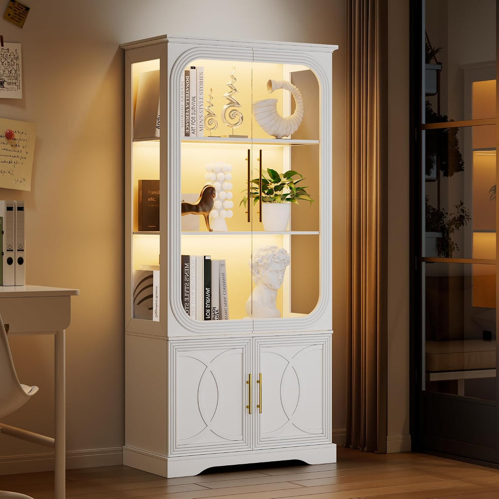 2pc Wood Display Cabinet with Glass Doors, 69' Tall Curio Cabinet with LED Lights, Glass Display Case with Storage and 3 Shelves for Living Room, (White-2)
