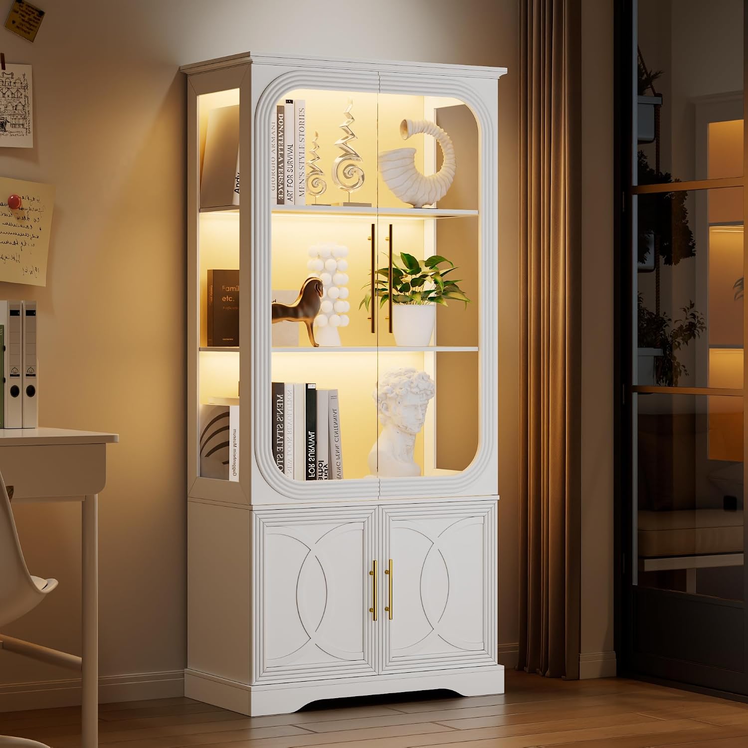 2pc Wood Display Cabinet with Glass Doors, 69' Tall Curio Cabinet with LED Lights, Glass Display Case with Storage and 3 Shelves for Living Room, (White-2)