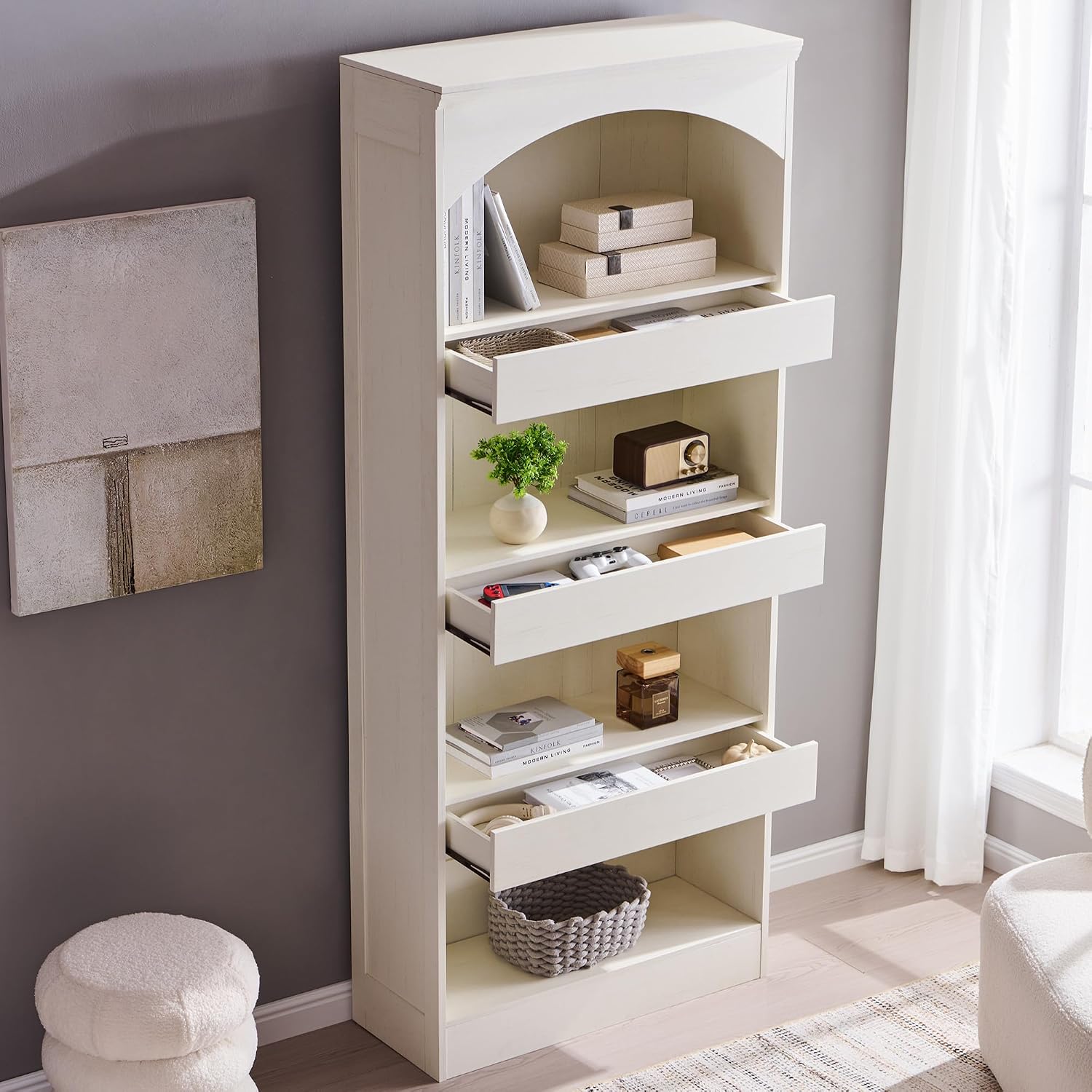 IFGET 76' Tall Arched Bookcase with 1PC Magnetic Lock Drawer, Modern Wooden Arch Bookshelf w/3 Pull-Out Drawers, Farmhouse 4 Tiers Book Shelf w/Open Shelves for Living Room, Office (Antique White)