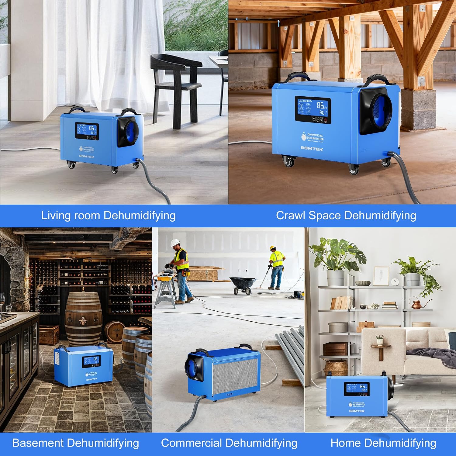 145 Pints Commercial Dehumidifier for Large Basements & Crawl Spaces up to 6500 Sq.Ft, Industrial Dehumidifiers for Water Damage Restoration, Auto Defrost, Continuous Drain Hose, Blue-2PC