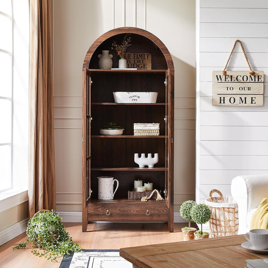 RowyPoey Farmhouse Arched Cabinet with Glass Doors, Wood Display Cabinet with Drawer and Adjustable Shelves, 71' Tall Bookshelf Modern Storage Kitchen Pantry for Living Room,Office (Walnut, 2 PCS)