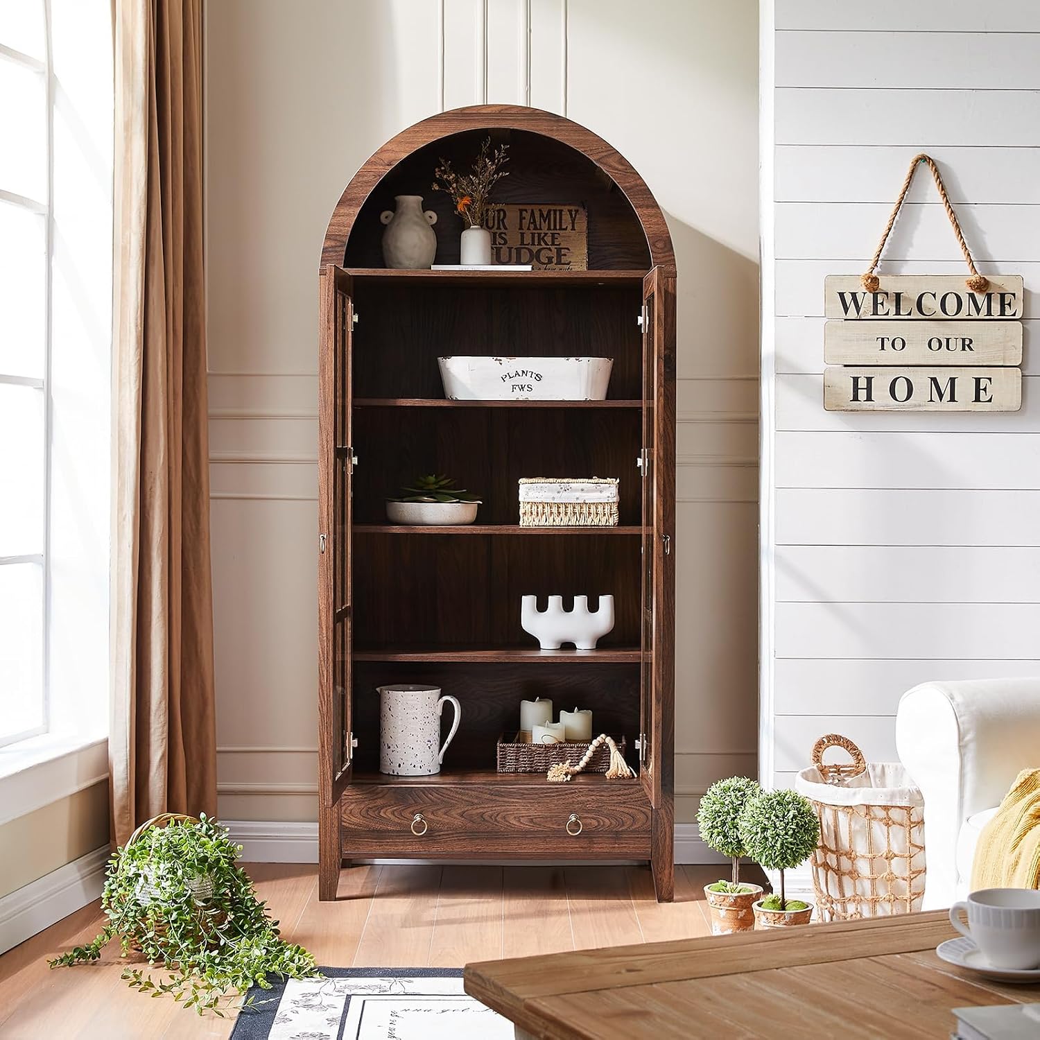 RowyPoey Farmhouse Arched Cabinet with Glass Doors, Wood Display Cabinet with Drawer and Adjustable Shelves, 71' Tall Bookshelf Modern Storage Kitchen Pantry for Living Room,Office (Walnut, 2 PCS)