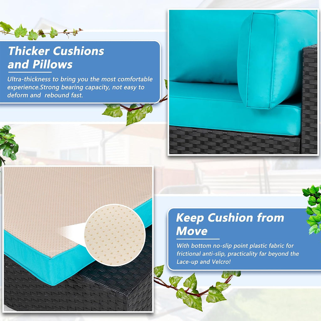 Shintenchi 5 Pieces Outdoor Patio Sectional Sofa Couch, Black PE Wicker Furniture Sets, Patio Conversation Sets with Washable Cushions Glass Coffee Table for Garden, Poolside, Backyard,Blue