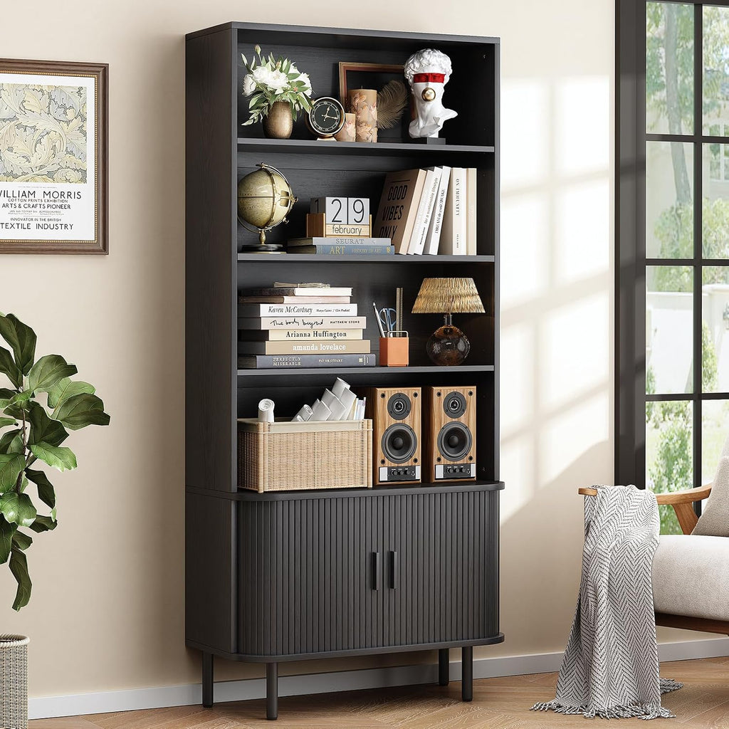 ONBRILL 71' Tall Bookshelf, 4-Tier Bookcase with Storage Cabinet & Adjustable Shelves, Floor Standing Wooden Bookshelf with Sliding Door and Adjustable Footpad, for Home Office, Living Room, Black