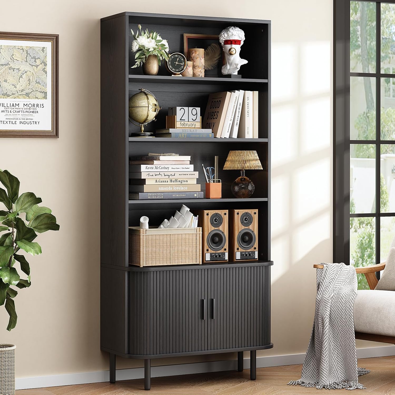 ONBRILL 71' Tall Bookshelf, 4-Tier Bookcase with Storage Cabinet & Adjustable Shelves, Floor Standing Wooden Bookshelf with Sliding Door and Adjustable Footpad, for Home Office, Living Room, Black