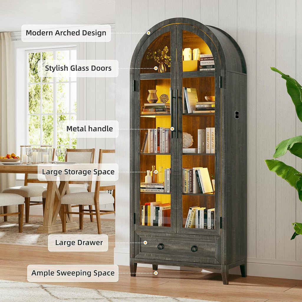 Arch Display Cabinet with Glass Doors, 4-Tier Curio Cabinet Shelves and a Drawer,73' Inch Tall LED Display Case for Collectibles,Bookcase for Bedroom Living Room Office,Brown
