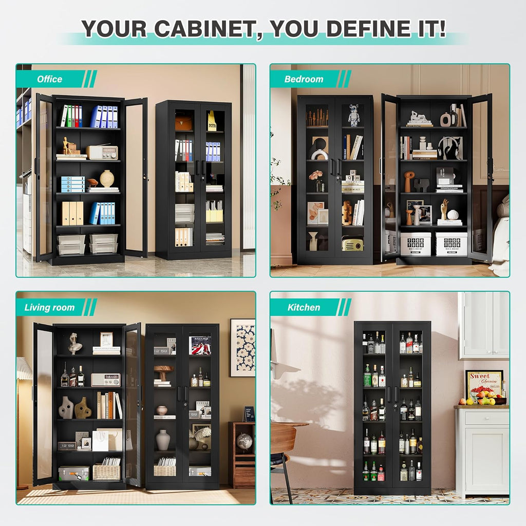 Metal Storage Cabinet with Lock and Glass Doors,Glass Display Cabinet,Black Storage Cabinets,Locking Curio Cabinets with 5 Shelves for Collectibles,Home,Office,Living Room
