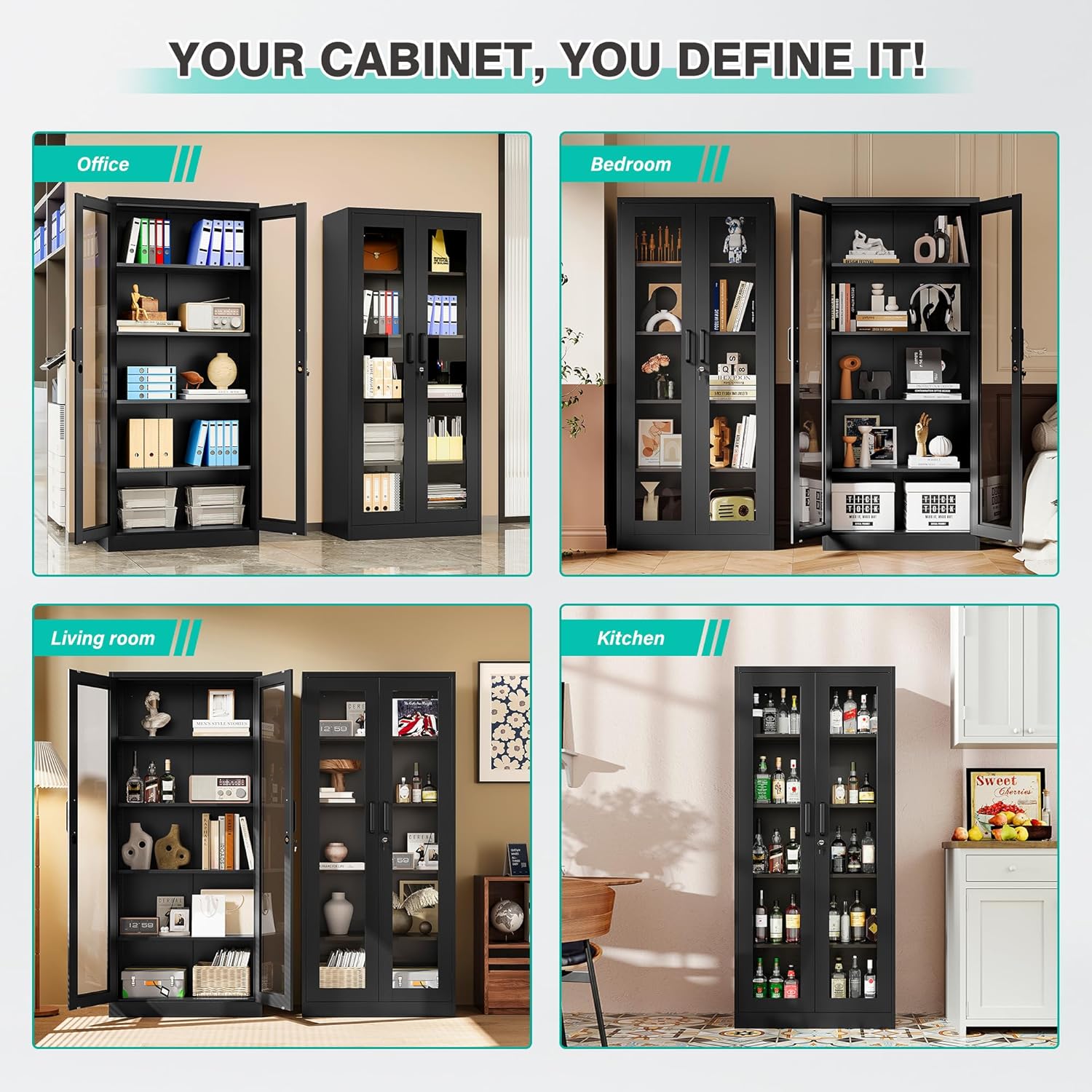 Metal Storage Cabinet with Lock and Glass Doors,Glass Display Cabinet,Black Storage Cabinets,Locking Curio Cabinets with 5 Shelves for Collectibles,Home,Office,Living Room