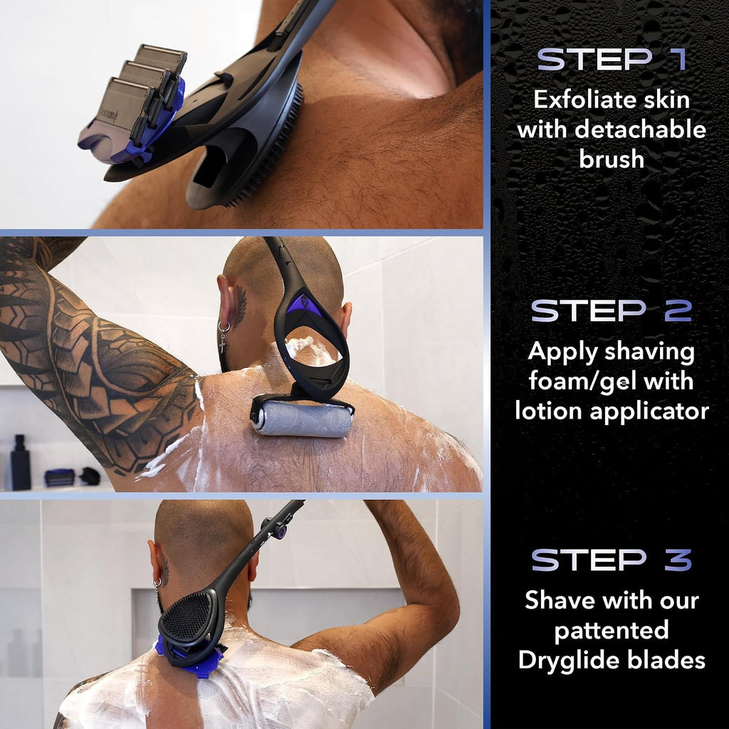 BakBlade 3.0 Stealth Total Care Set | Back Shaver With Lotion Applicator | All-in-1 Kit with 23' Handle +3 Extra Blade Refills for a Pain-Free Back Shave for Men