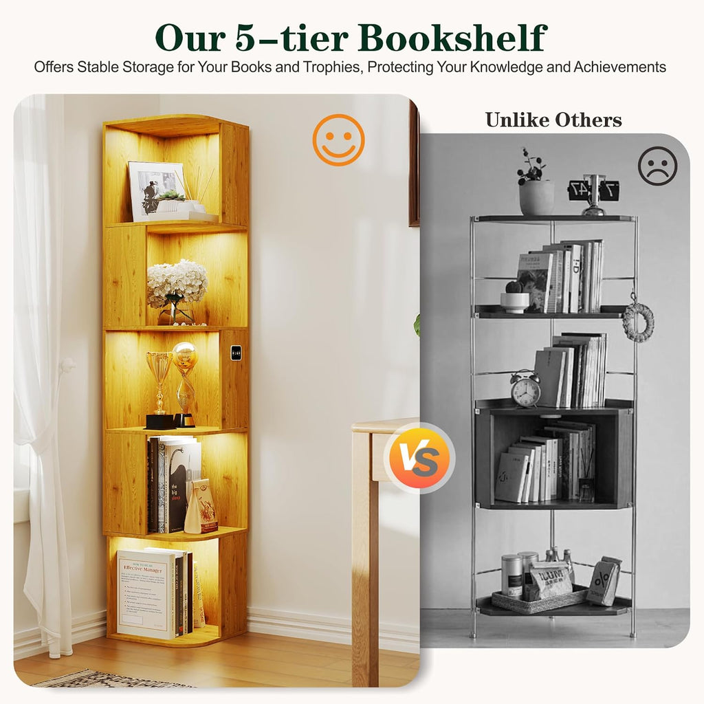 5 Shelf Bookcase - Corner Bookshelf with 3 Colors LED Sensor Lights Modern Cube Storage Organizer for Lego Books Living Room Study Bedroom - Ideal Gift (Wood)