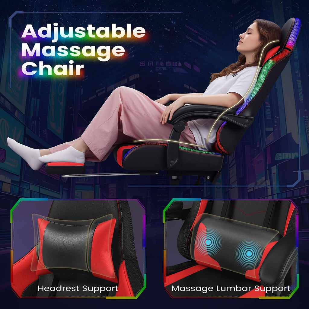 Homall Gaming Chair, Video Game Chair with Footrest and Massage Lumbar Support, Ergonomic Computer Chair Height Adjustable with Swivel Seat and Headrest (RGB Red)