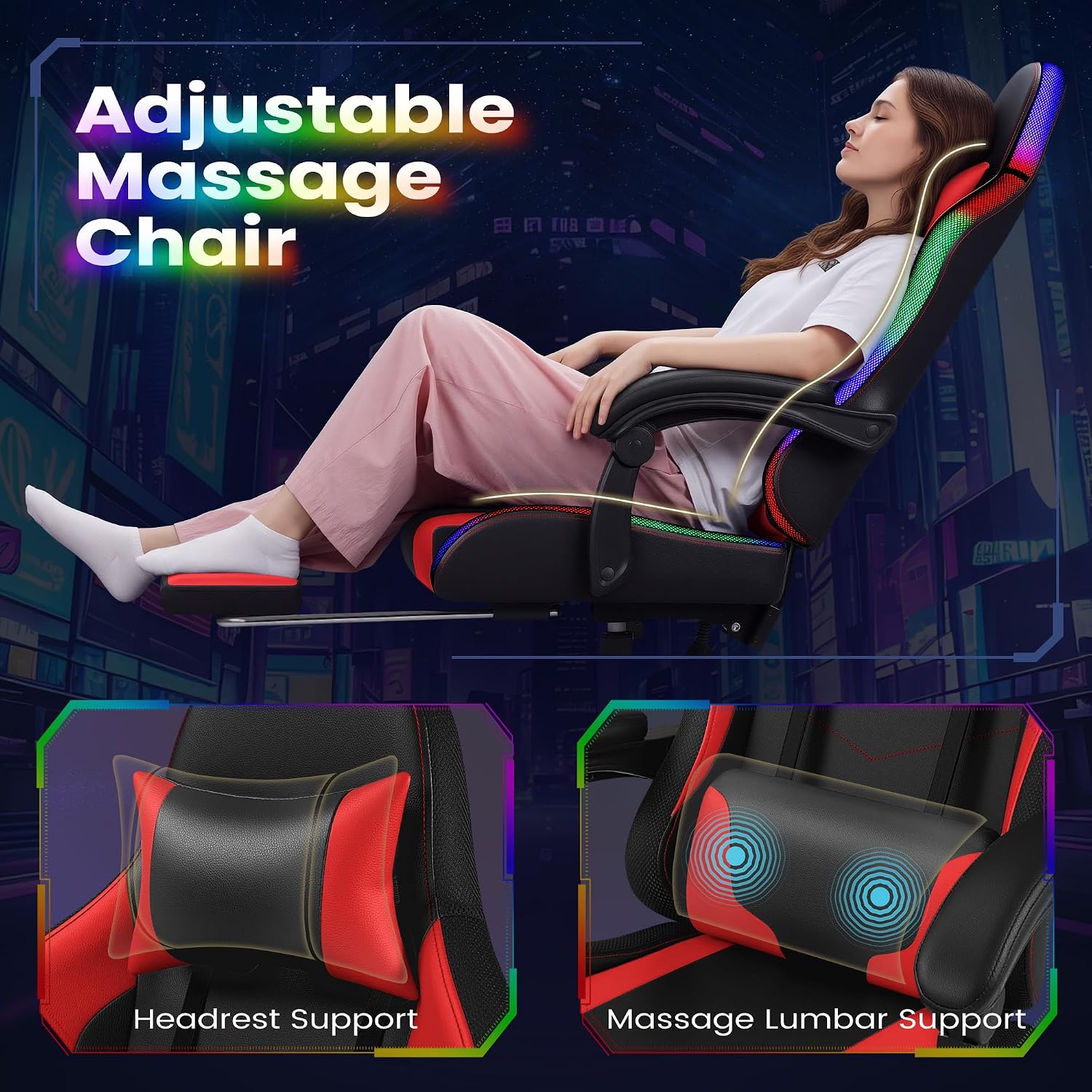 Homall Gaming Chair, Video Game Chair with Footrest and Massage Lumbar Support, Ergonomic Computer Chair Height Adjustable with Swivel Seat and Headrest (RGB Red)